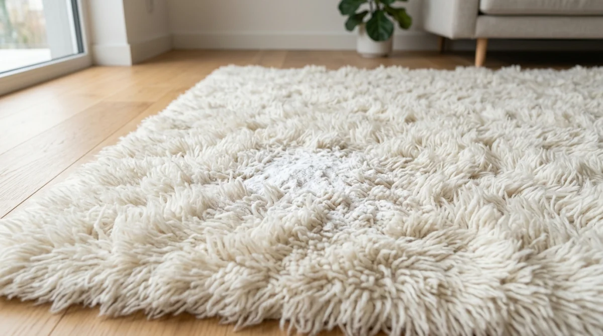 Tapis à poils longs propre saupoudré de bicarbonate de soude pour illustrer comment nettoyer un tapis poil long.