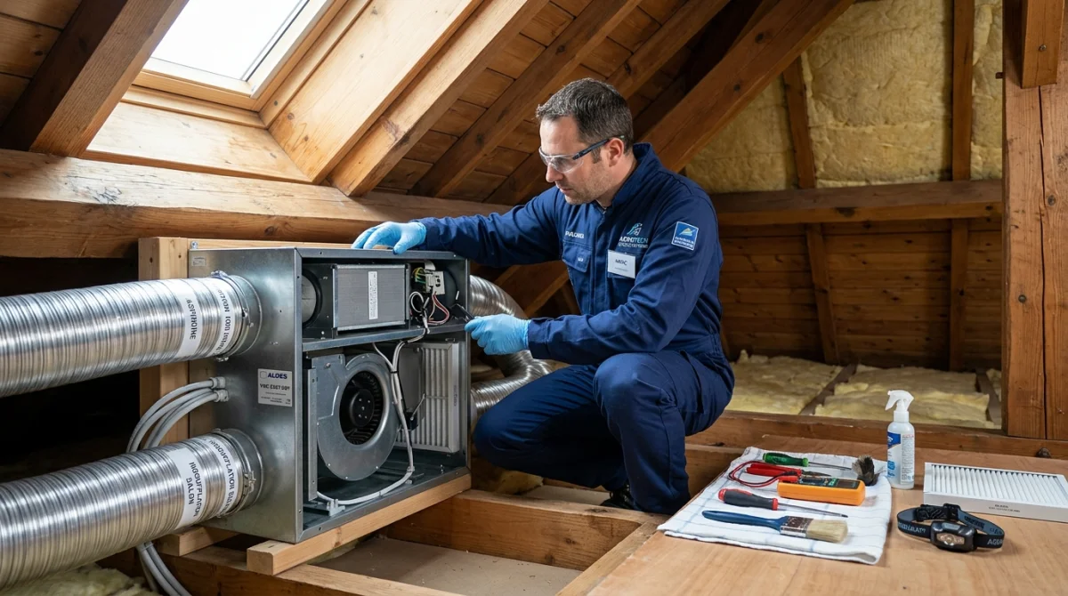 Technicien en combinaison bleue inspectant et nettoyant un caisson de VMC dans des combles isolés.