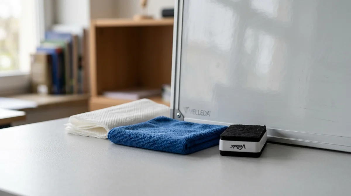 Chiffon microfibre, effaceur et papier absorbant pour apprendre comment nettoyer une ardoise Velleda efficacement.