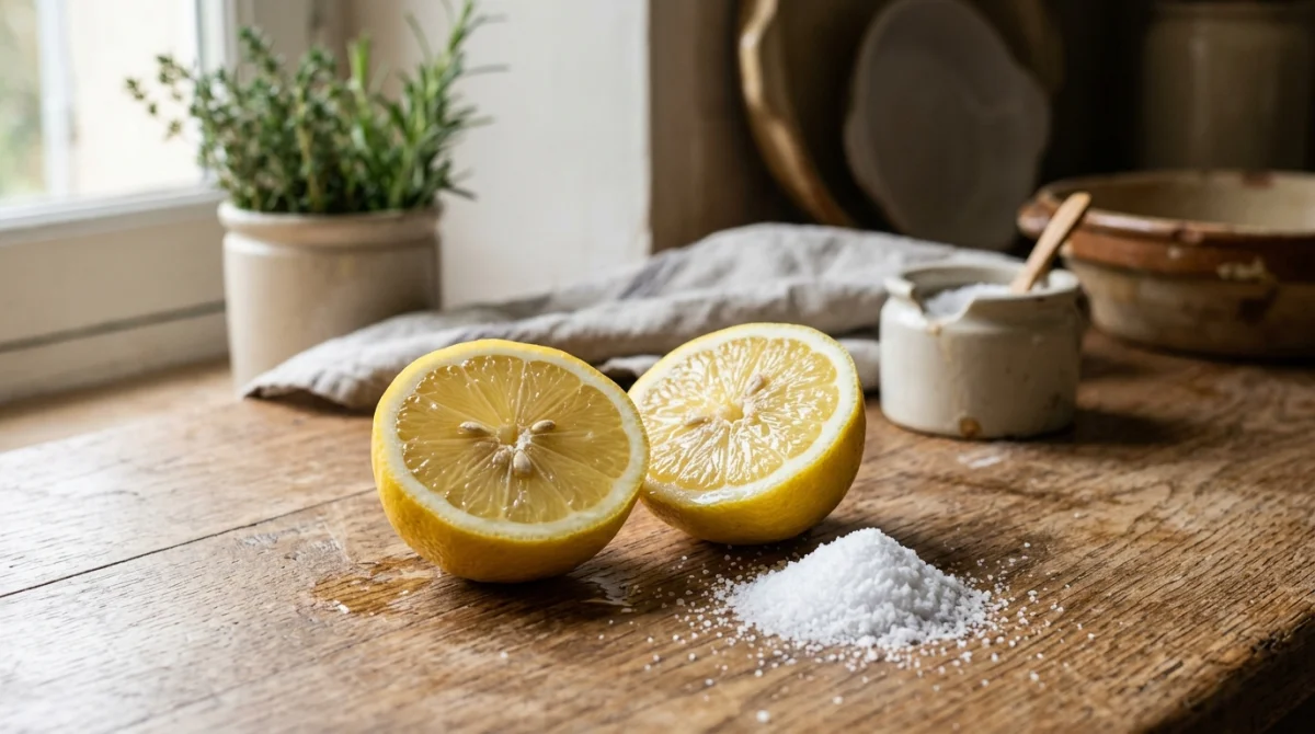 Citron coupé et sel fin sur une table en bois pour nettoyer le laiton naturellement.