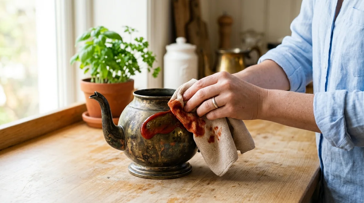 Main nettoyant une théière en laiton terni avec du ketchup, une astuce de grand-mère efficace et naturelle.