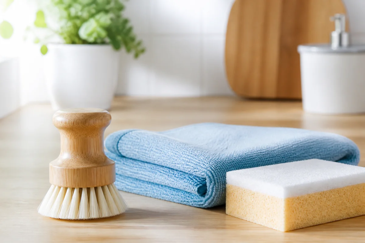Brosse, chiffon microfibre et éponge disposés sur un plan de travail pour apprendre comment nettoyer un grille-pain.