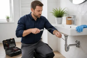 Plombier professionnel utilisant un furet manuel pour nettoyer les canalisations d'un lavabo dans une salle de bain moderne.