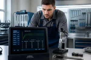Technicien automobile analysant les courbes de débit sur un écran de diagnostic pour nettoyer les injecteurs efficacement.