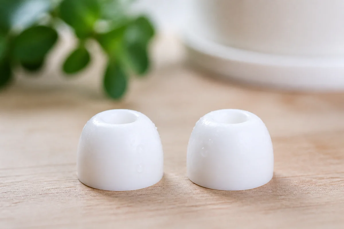 Embouts en silicone blanc propres posés sur du bois clair pour illustrer comment nettoyer ses AirPods efficacement.