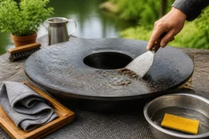 Nettoyage d’un brasero plancha avec une spatule métallique pour retirer les résidus alimentaires et les graisses