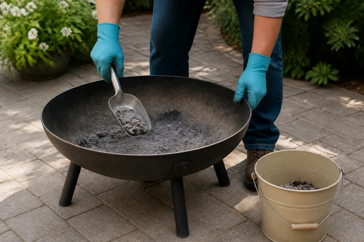 Comment nettoyer un brasero : personne retirant les cendres froides avec une pelle et un seau sur une terrasse pavée