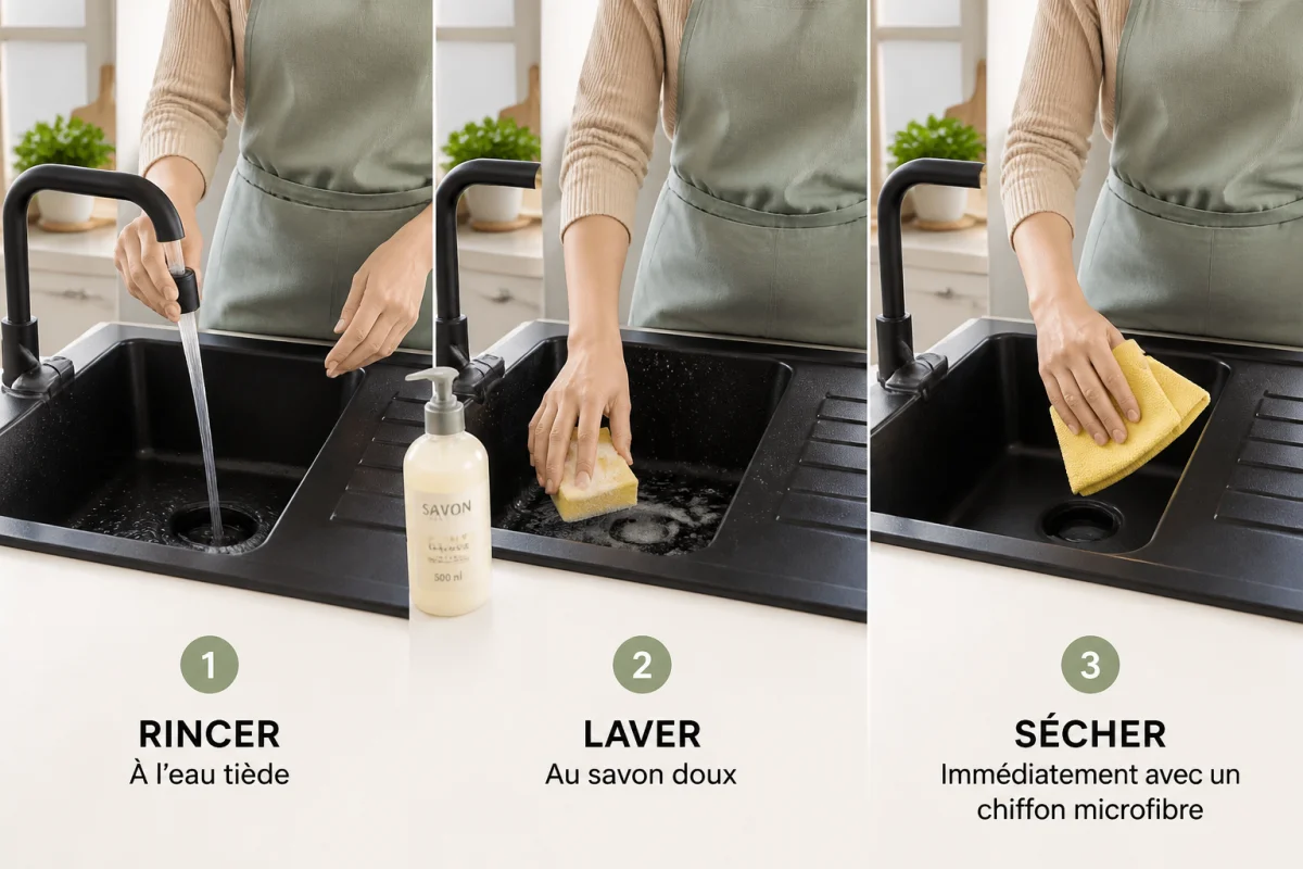 Nettoyage d’un évier en résine noire avec eau tiède, savon doux et chiffon microfibre en cuisine lumineuse