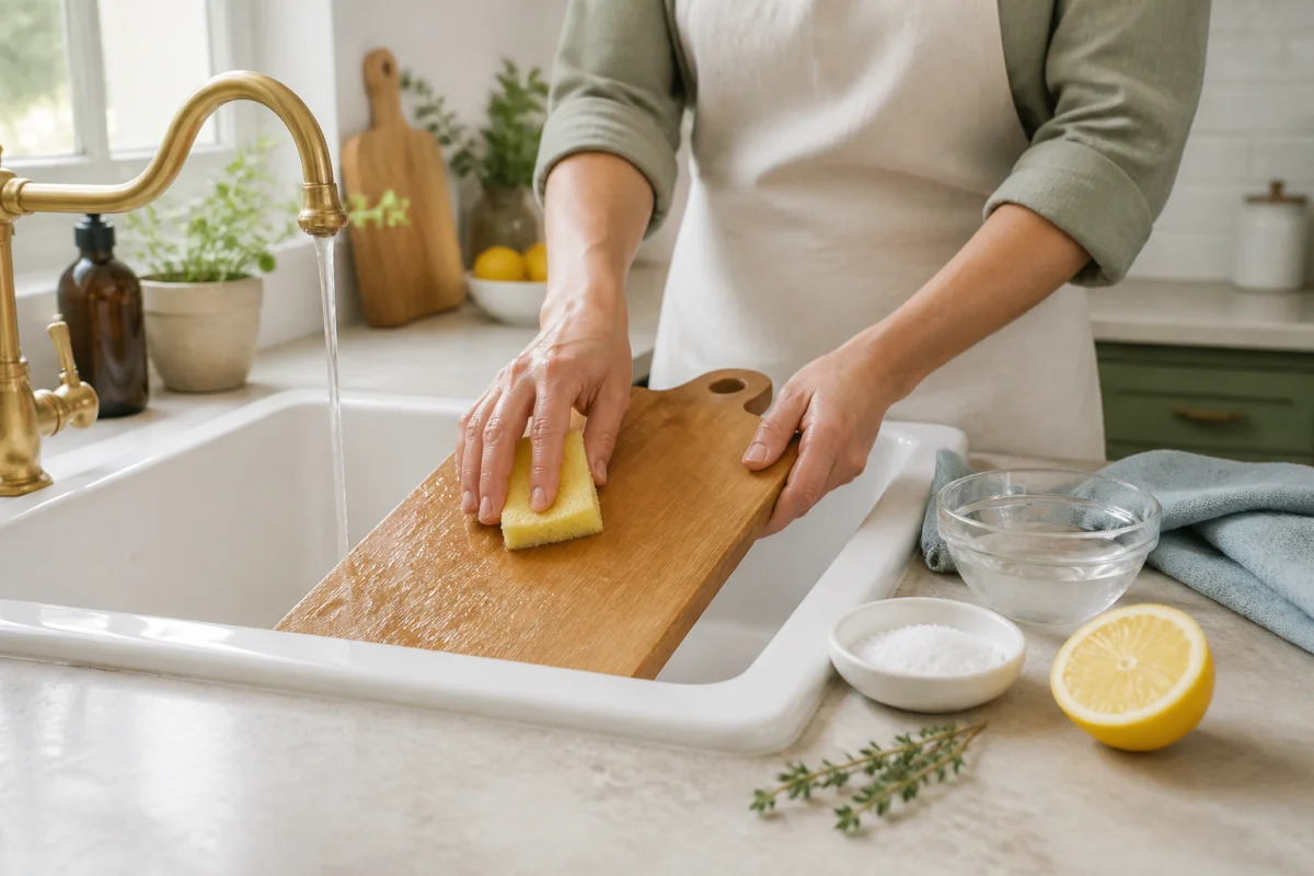 Comment nettoyer une planche à découper en bois avec une éponge, du gros sel et du citron naturel