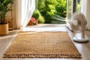 Tapis en jute fraîchement nettoyé séchant à plat devant un ventilateur, près d’une fenêtre ouverte verdoyante