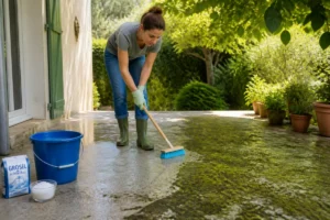 Personne nettoyant doucement une terrasse en béton moussue avec une brosse souple et de l’eau chaude