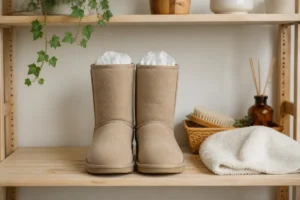 Bottes UGG en peau retournée beige séchant naturellement avec du papier, après un nettoyage soigneux et sans déformation