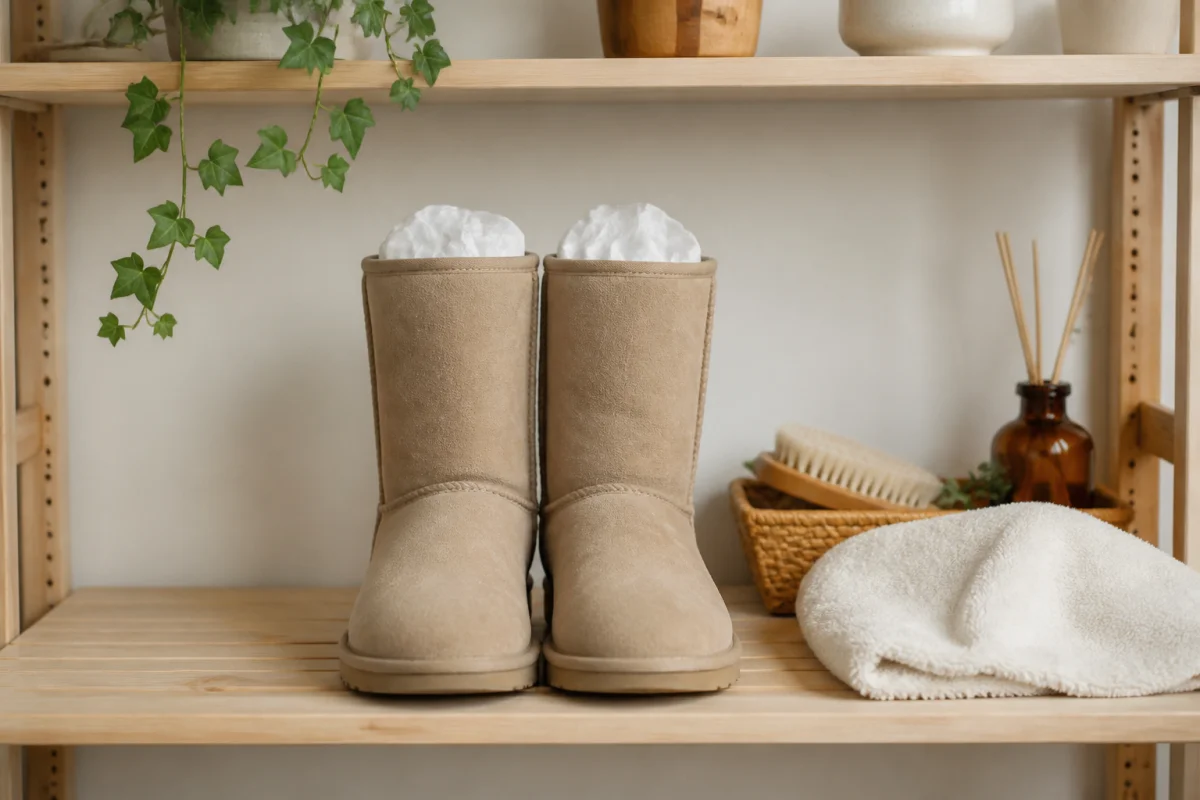 Bottes UGG en peau retournée beige séchant naturellement avec du papier, après un nettoyage soigneux et sans déformation