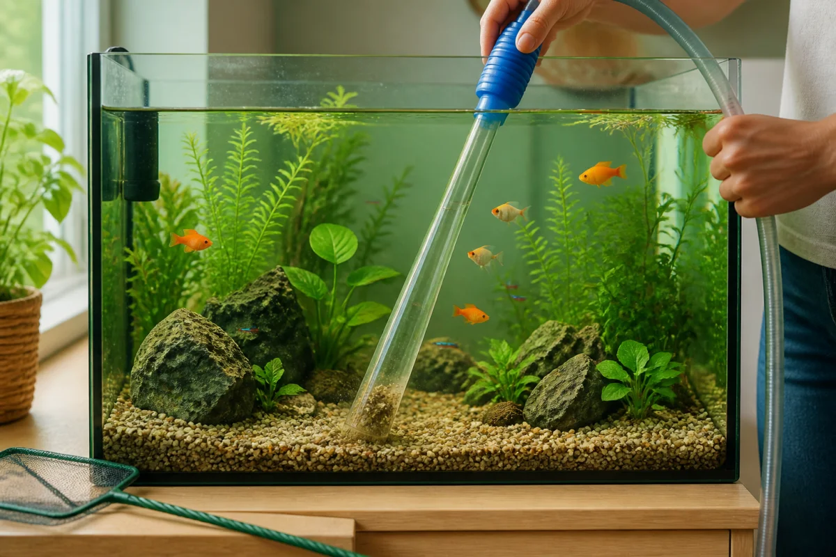 Comment nettoyer un aquarium avec un aspirateur à gravier sans déséquilibrer l’eau, poissons visibles en arrière-plan