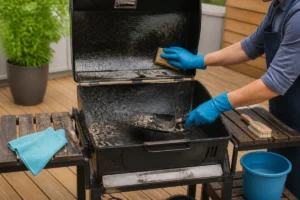 Comment nettoyer un barbecue très encrassé avec une éponge, une brosse et des gants sur une terrasse extérieure