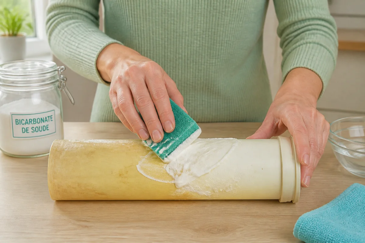 Nettoyage d’un plastique jauni avec une pâte au bicarbonate de soude et une éponge non abrasive humide