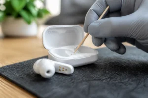Gros plan sur le nettoyage minutieux des connecteurs d'un écouteur blanc avec un cure-dent pour savoir comment nettoyer AirPods.
