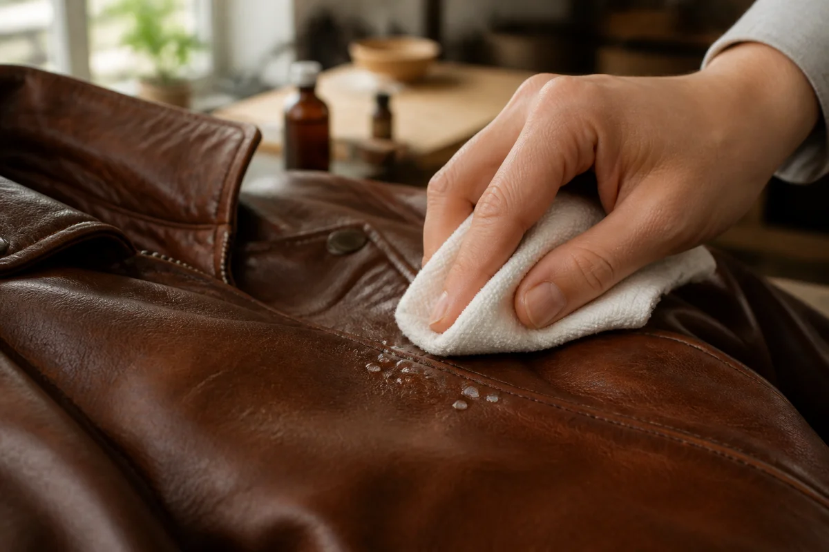 Main nettoyant délicatement une veste en cuir marron avec un chiffon doux pour illustrer comment nettoyer une veste en cuir.