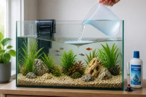 Aquarium fraîchement nettoyé, eau claire en remplissage, poissons colorés et plantes aquatiques soigneusement replacées