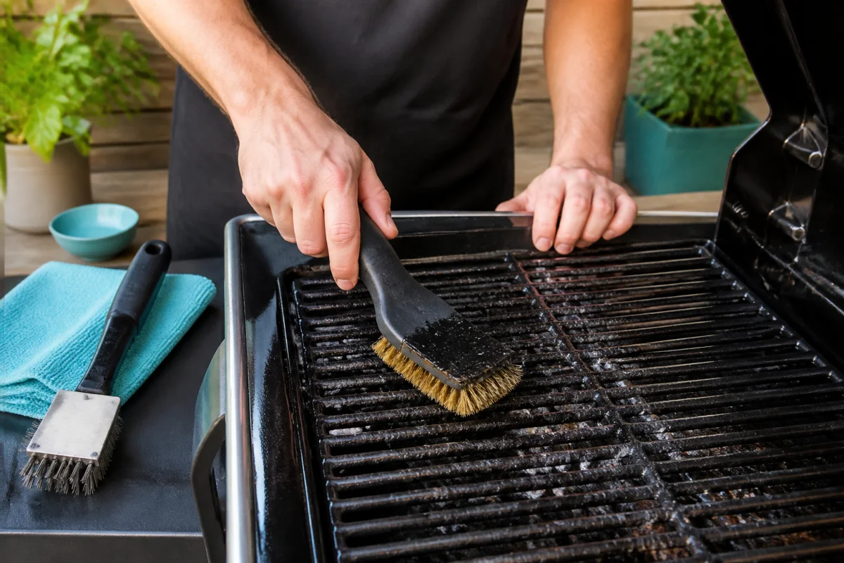 Nettoyage d’une grille de barbecue très encrassée avec une brosse en laiton sur une terrasse extérieure