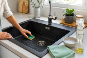 Comment nettoyer un évier en résine noire sans l’abîmer avec une éponge douce et une microfibre
