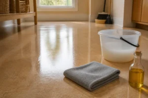 Lino très encrassé nettoyé et brillant avec microfibre, seau d’eau tiède et huile de lin pour un entretien délicat