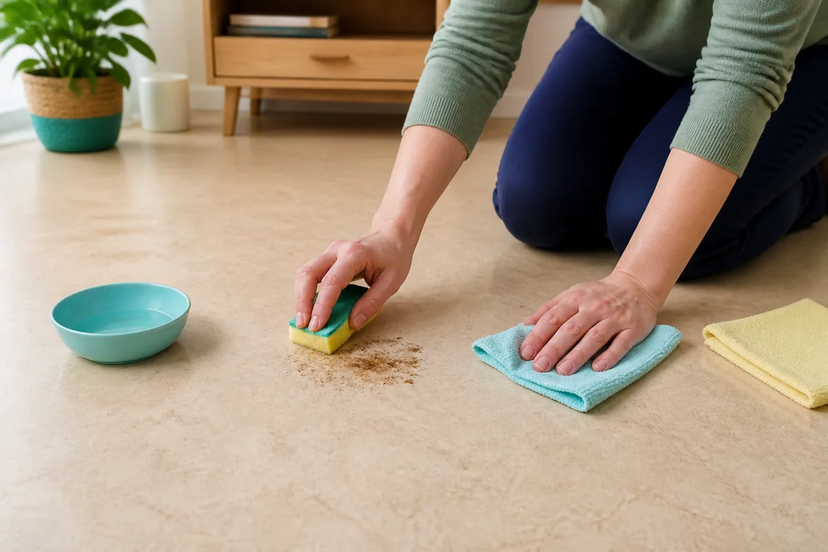Nettoyer un lino très encrassé avec une éponge humide et un chiffon absorbant, en ciblant une tache incrustée