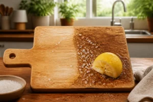 Comment nettoyer une planche à découper en bois avec du citron et du gros sel naturel