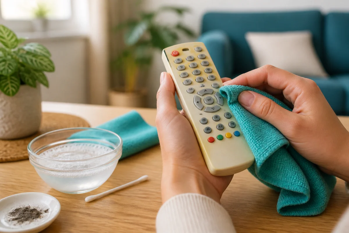Nettoyage d’une télécommande en plastique collante avec un chiffon microfibre et de l’eau savonneuse