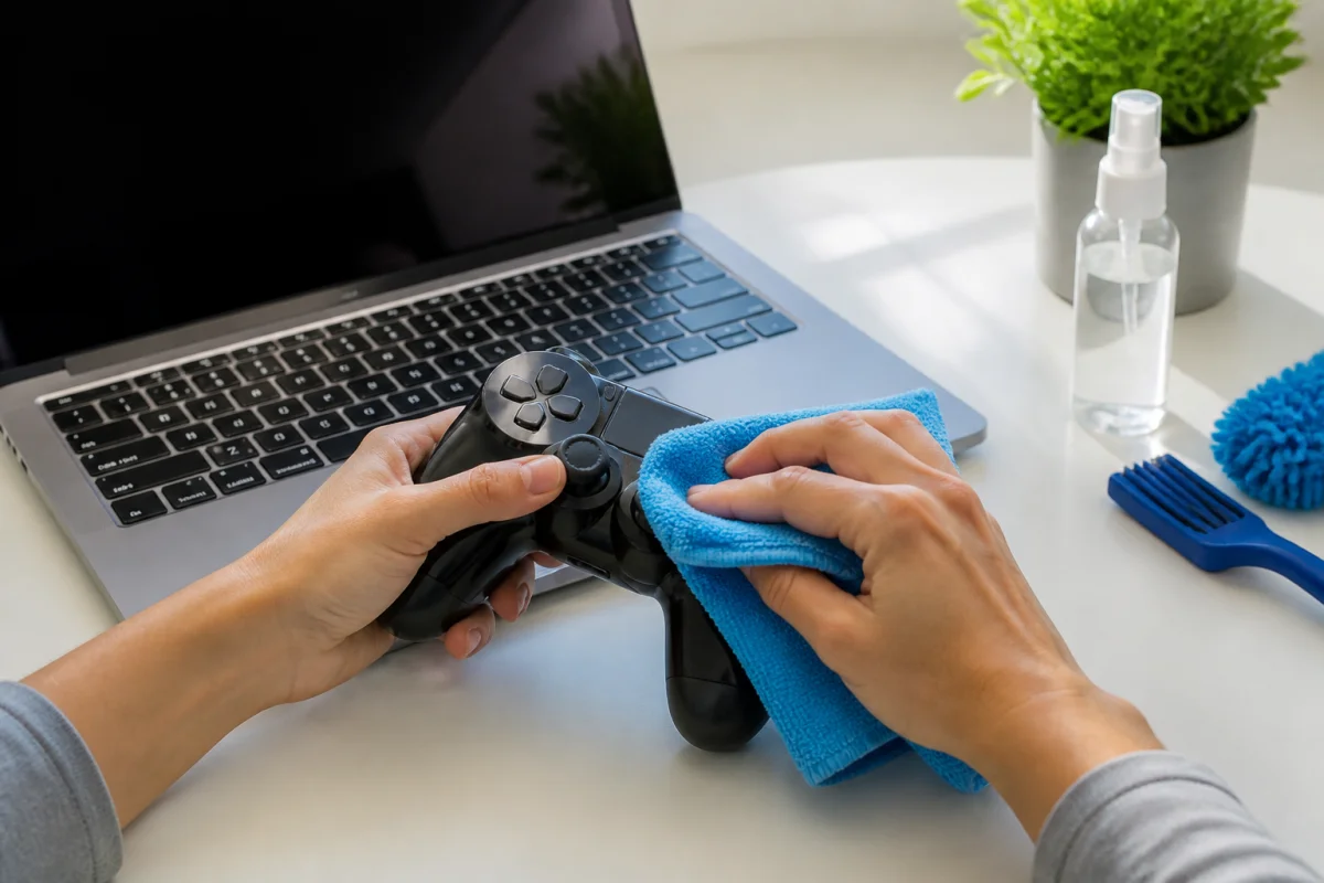 Nettoyage d’une manette de jeu et d’un ordinateur portable en plastique collant avec un chiffon en microfibre