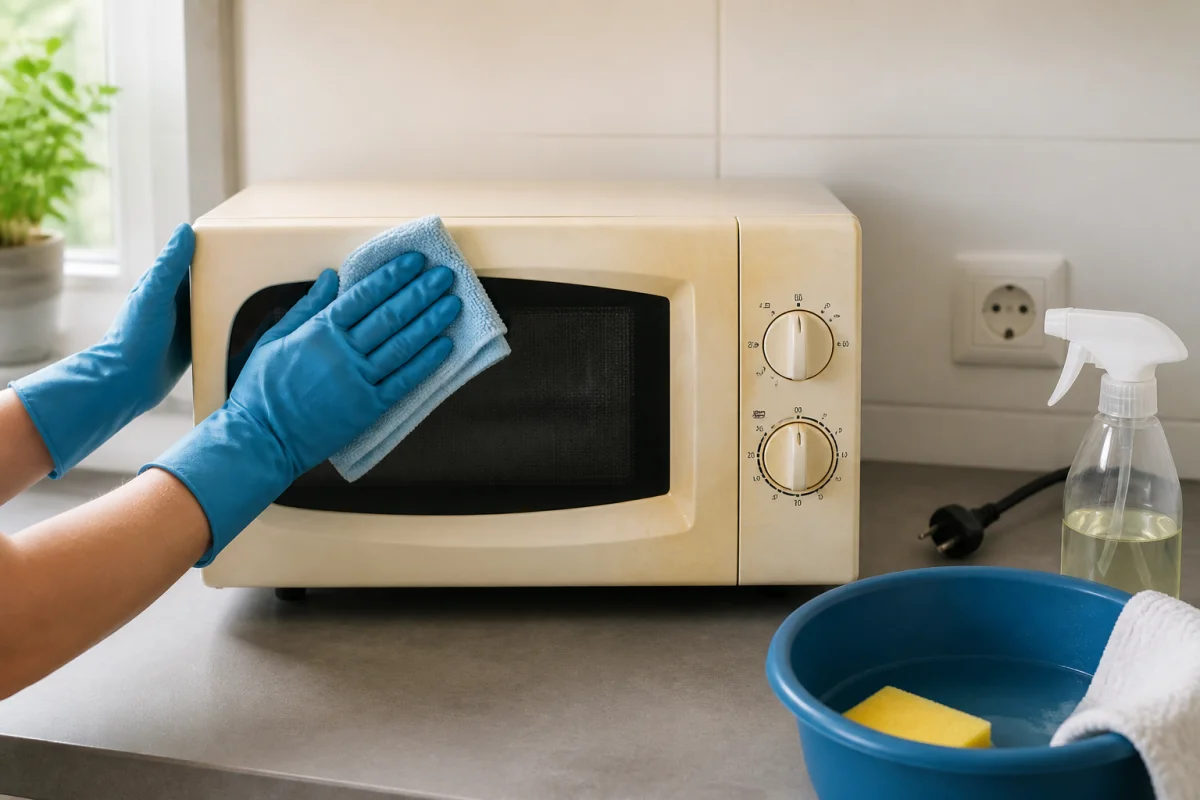 Comment nettoyer du plastique jauni sur un micro-ondes avec un chiffon doux et des gants ménagers