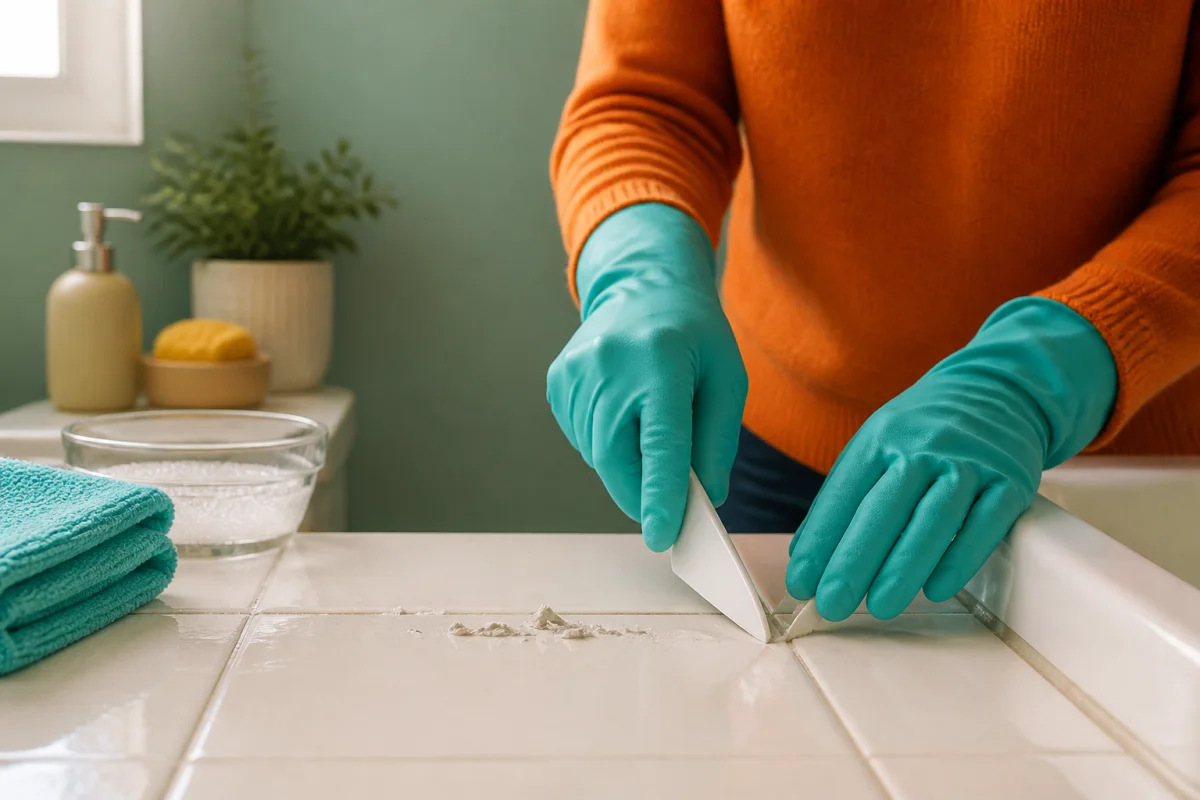 Personne retirant du silicone sec avec un grattoir en plastique sur une surface carrelée sans la rayer