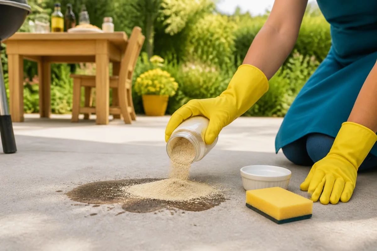 Nettoyage d’une terrasse en béton : terre de Sommières appliquée sur une tache de graisse fraîche pour l’absorber