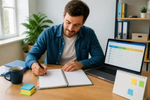Allo Emploi : personne organisant ses candidatures avec carnet de suivi et tableau de démarches sur ordinateur