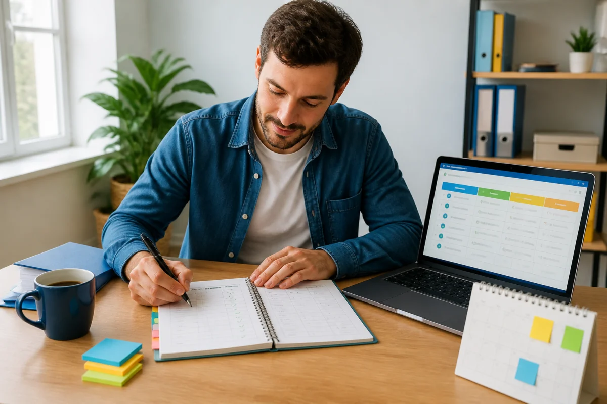 Allo Emploi : personne organisant ses candidatures avec carnet de suivi et tableau de démarches sur ordinateur