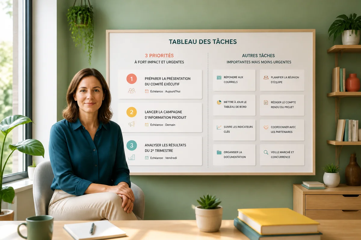 Professionnelle sereine devant un tableau de tâches, sélectionnant trois priorités pour améliorer la gestion des tâches sans surcharge.