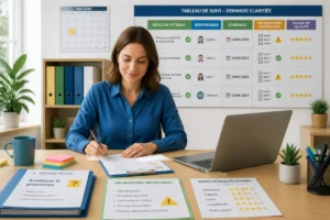 Professionnelle appliquant des méthodes pour améliorer la gestion des tâches sur un tableau de suivi structuré