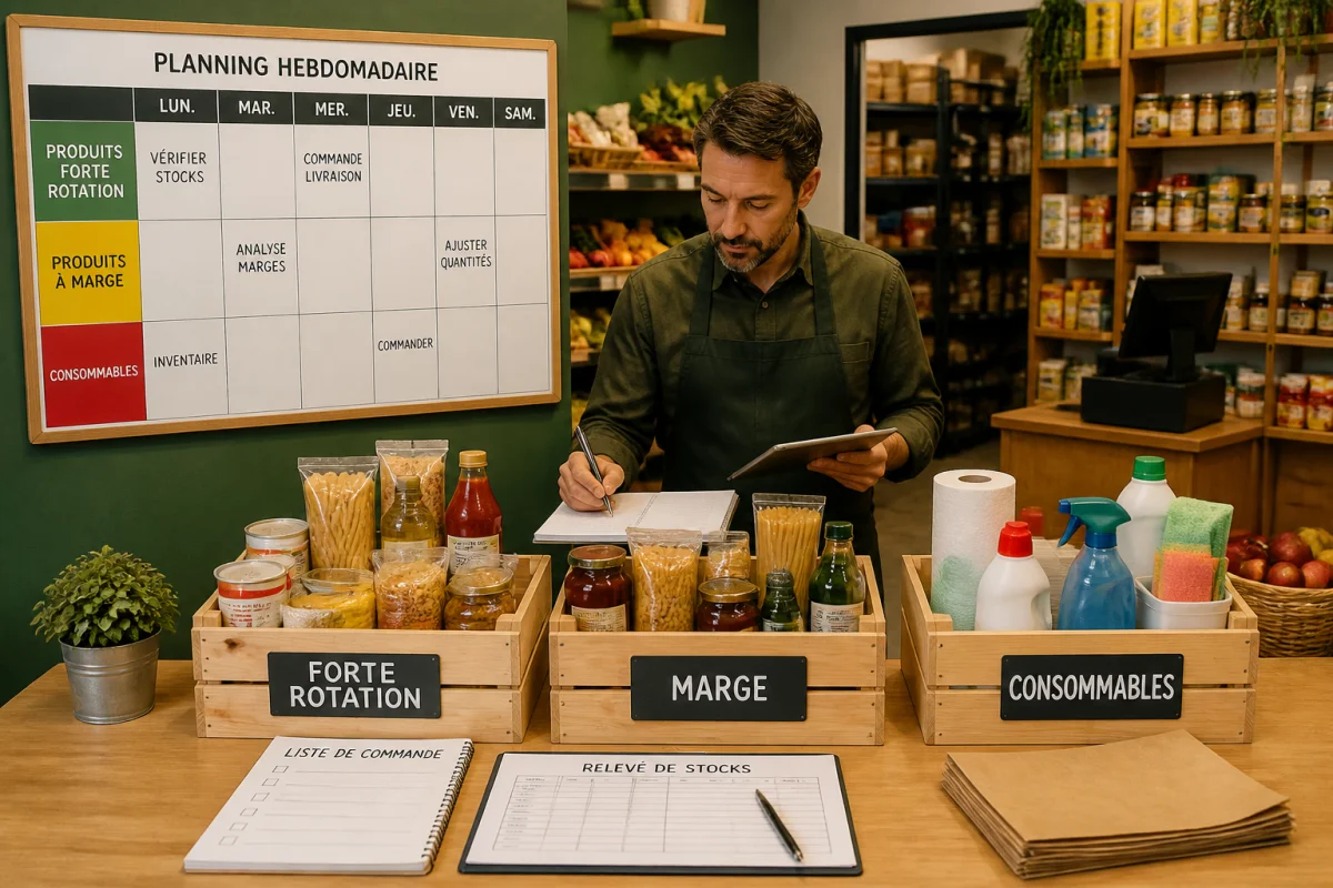 Épicier organisant l’approvisionnement d’une épicerie indépendante avec produits classés par rotation, marge et consommables