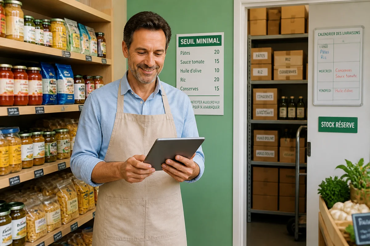 Épicier indépendant consultant ses stocks dans une épicerie organisée, illustrant l’approvisionnement d’une épicerie indépendante