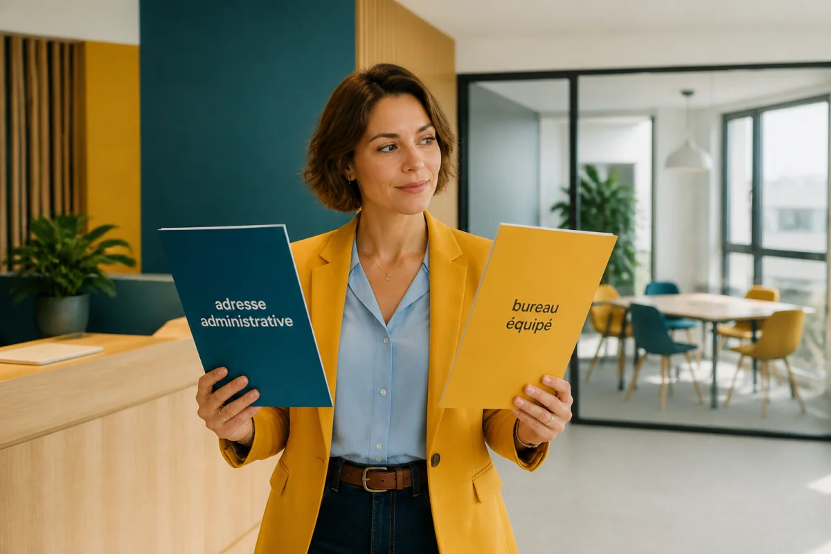 Entrepreneuse comparant une adresse de domiciliation d’entreprise et un bureau équipé dans un centre d’affaires moderne