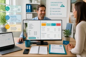 Professionnel indépendant présentant un logiciel de facturation organisé à une cliente dans un bureau lumineux