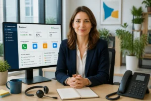 Professionnelle choisissant une solution de téléphonie d’entreprise avec appels, messagerie, transfert et visioconférence affichés à l’écran