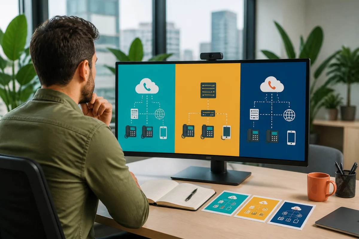 Responsable informatique comparant trois solutions de téléphonie d’entreprise : hébergée, locale et hybride, sur un écran professionnel
