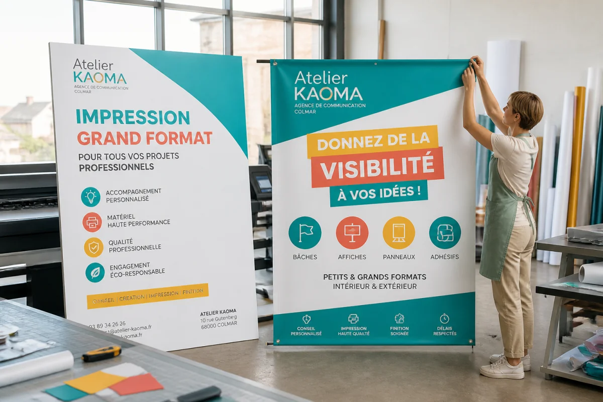 Colmar Print présente une affiche rigide et une bâche colorée dans un atelier d’impression grand format à Colmar.