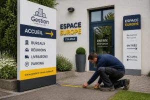Colmar Print installe des panneaux et lettrages professionnels devant un bâtiment à Colmar, avec mesure précise des espaces