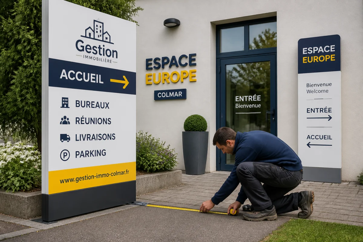 Colmar Print installe des panneaux et lettrages professionnels devant un bâtiment à Colmar, avec mesure précise des espaces