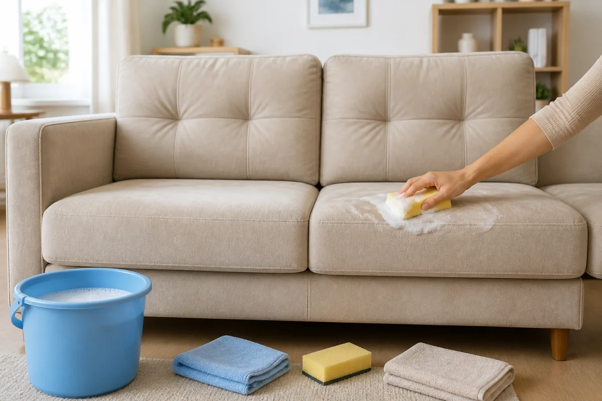Comment nettoyer un canapé en microfibre avec une éponge douce et de l’eau savonneuse dans un salon lumineux