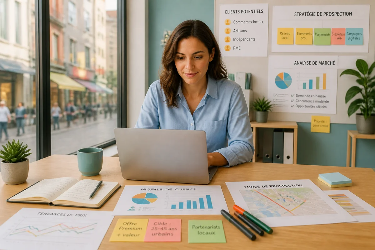 Entrepreneuse analysant une étude de marché pour créer un business plan efficace, entourée de graphiques et cartes de prospection