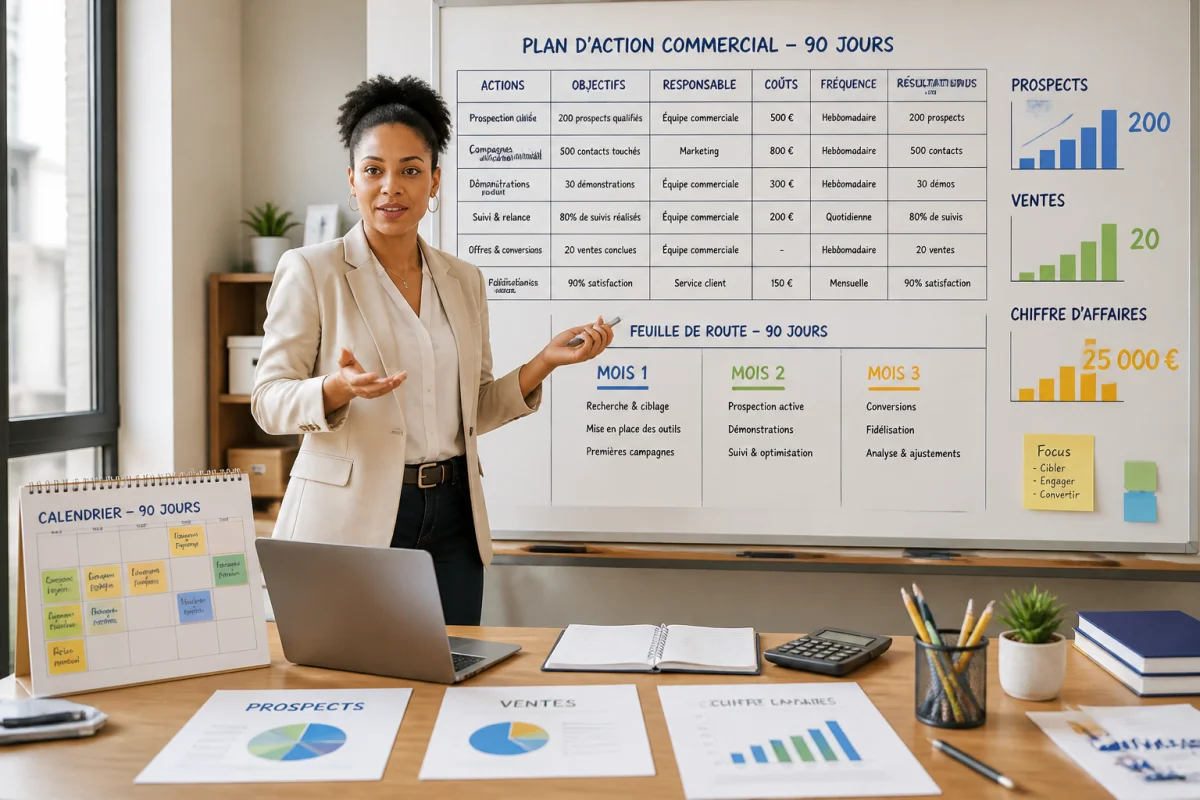 Entrepreneuse présentant un plan d’action commercial structuré, avec objectifs, coûts, calendrier et indicateurs pour créer un business plan efficace.