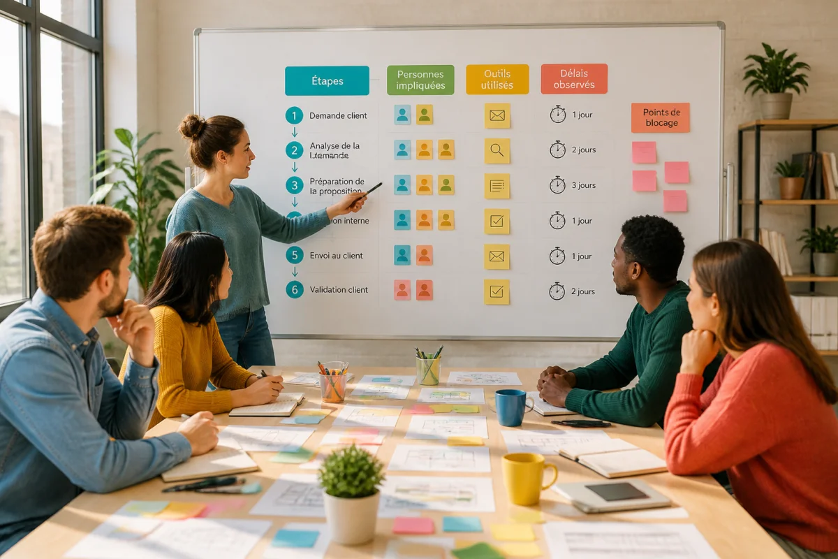 Équipe professionnelle cartographiant un flux de travail pour réussir la digitalisation des entreprises autour d’une table collaborative